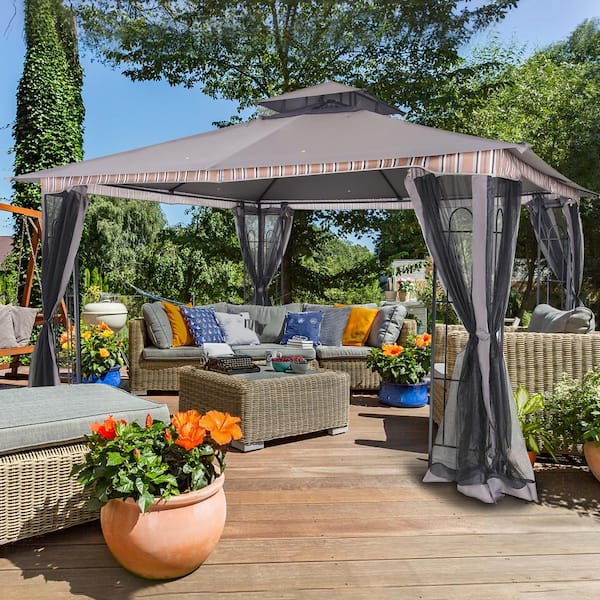 JOYSIDE 13 ft. x 11 ft. Gray Steel Outdoor Patio Gazebo with .