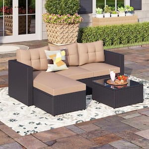 PHI VILLA Black Rattan Wicker 3 Seat 3-Piece Steel Outdoor Patio .