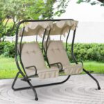 2-Seater Outdoor Patio Swing Chair w/ Removable Canopy & Cup .