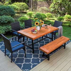 PHI VILLA Black 6-Piece Metal Patio Acacia Wood Outdoor Dining Set .