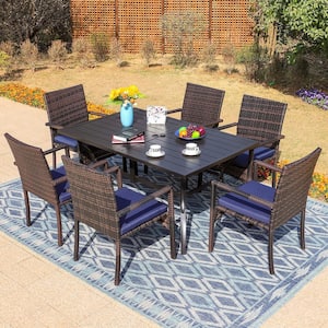 PHI VILLA 7-Piece Metal Patio Outdoor Dining Set with Rattan Chair .