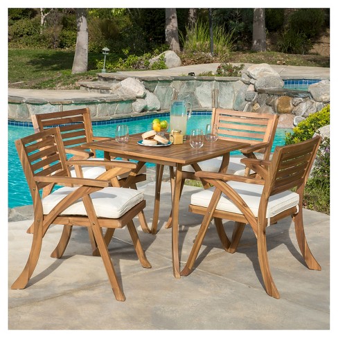 Hermosa 5pc Acacia Wood Patio Dining Set With Cushions - Teak .