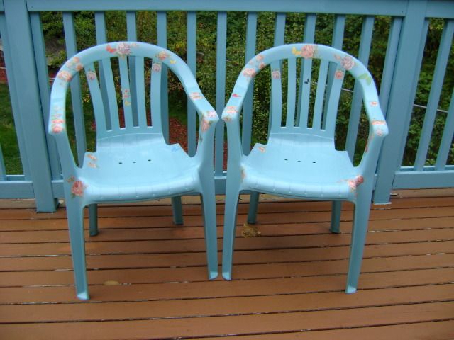 Paint and decoupage revitalise old plastic garden chairs .