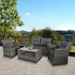 Outsunny Grey 4-Piece Iron Plastic Rattan Patio Furniture Set with .