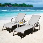 Clihome Pool Lounger Set of 2 Brown Steel Frame Stationary Chaise .