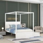 Harper & Bright Designs White Wood Frame Queen Size Canopy Bed .