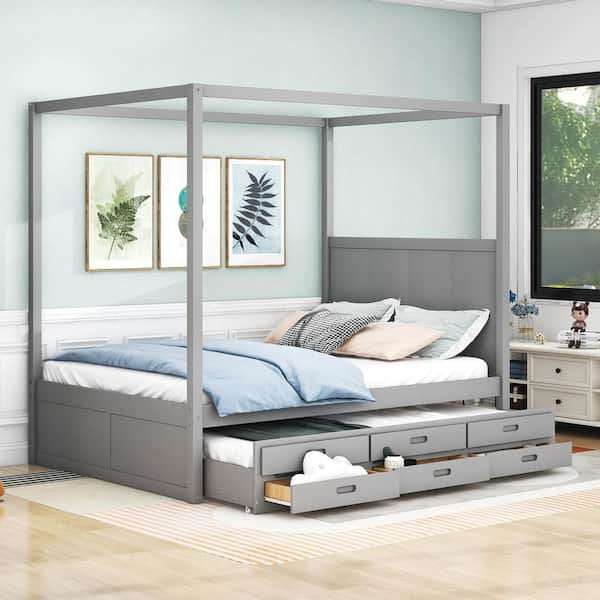 Harper & Bright Designs Gray Wood Frame Queen Size Canopy Bed with .