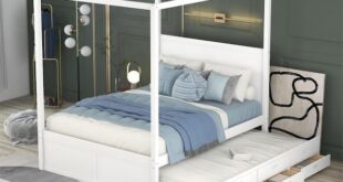 Harper & Bright Designs White Wood Frame Queen Size Canopy Bed .