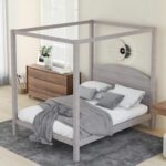 Harper & Bright Designs Gray Wood Frame Queen Size Canopy Bed with .