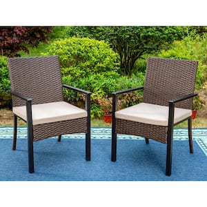 PHI VILLA Black Rattan Metal Patio Outdoor Dining Chair with Beige .