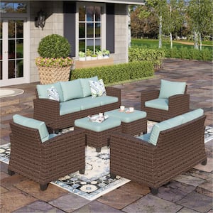 PHI VILLA Brown Rattan Wicker 9 Seat 6-Piece Steel Outdoor Patio .