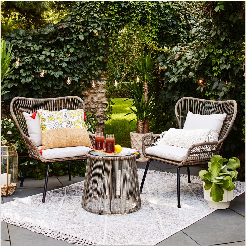 Latigo 3pc Rattan Patio Chat Set, Outdoor Furniture Set - Gray .