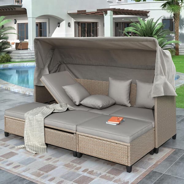 GOSHADOW 4-Piece Wicker Brown Adjustable Outdoor Sectional Set .