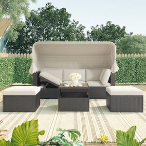 Black Wicker Outdoor Rectangle Day Bed with Retractable Canopy and .