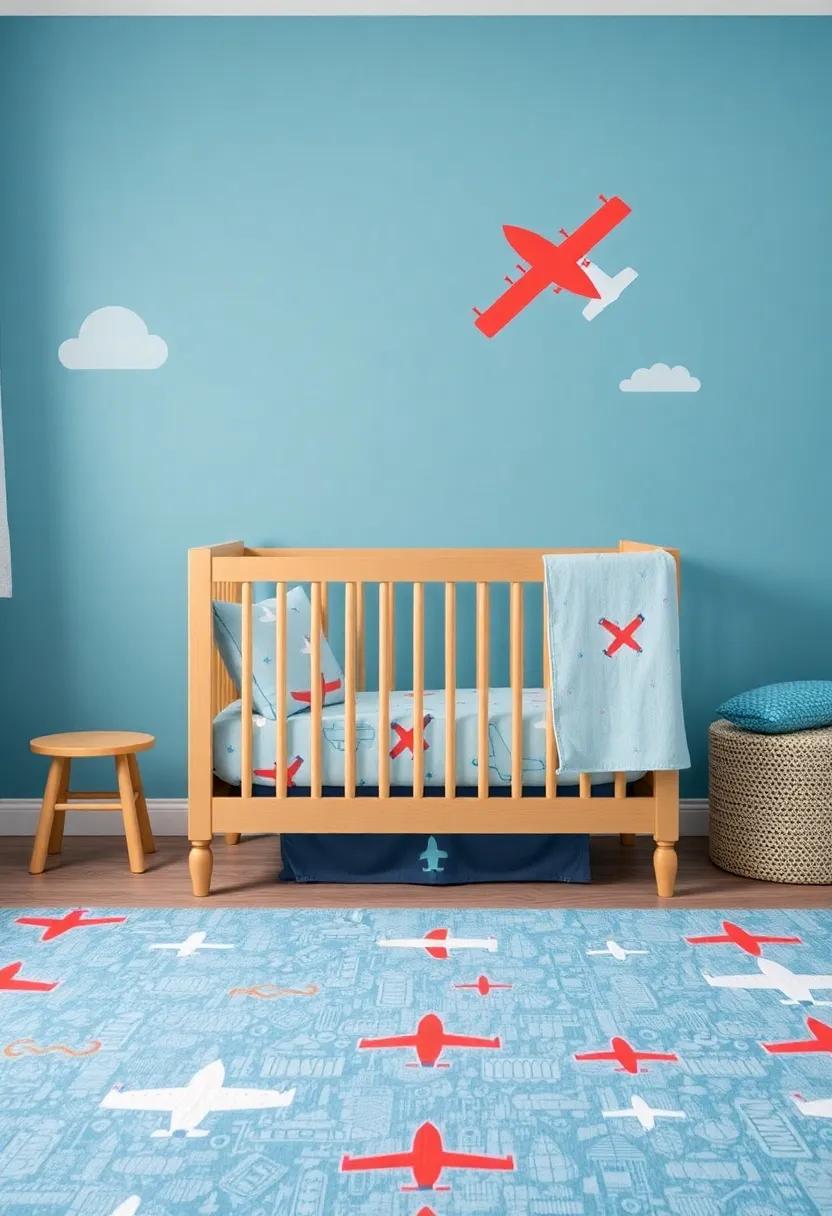 Airplane Themed Bedding: Dress the crib in adorable airplane-patterned sheets and quilts for a cozy yet adventurous vibe