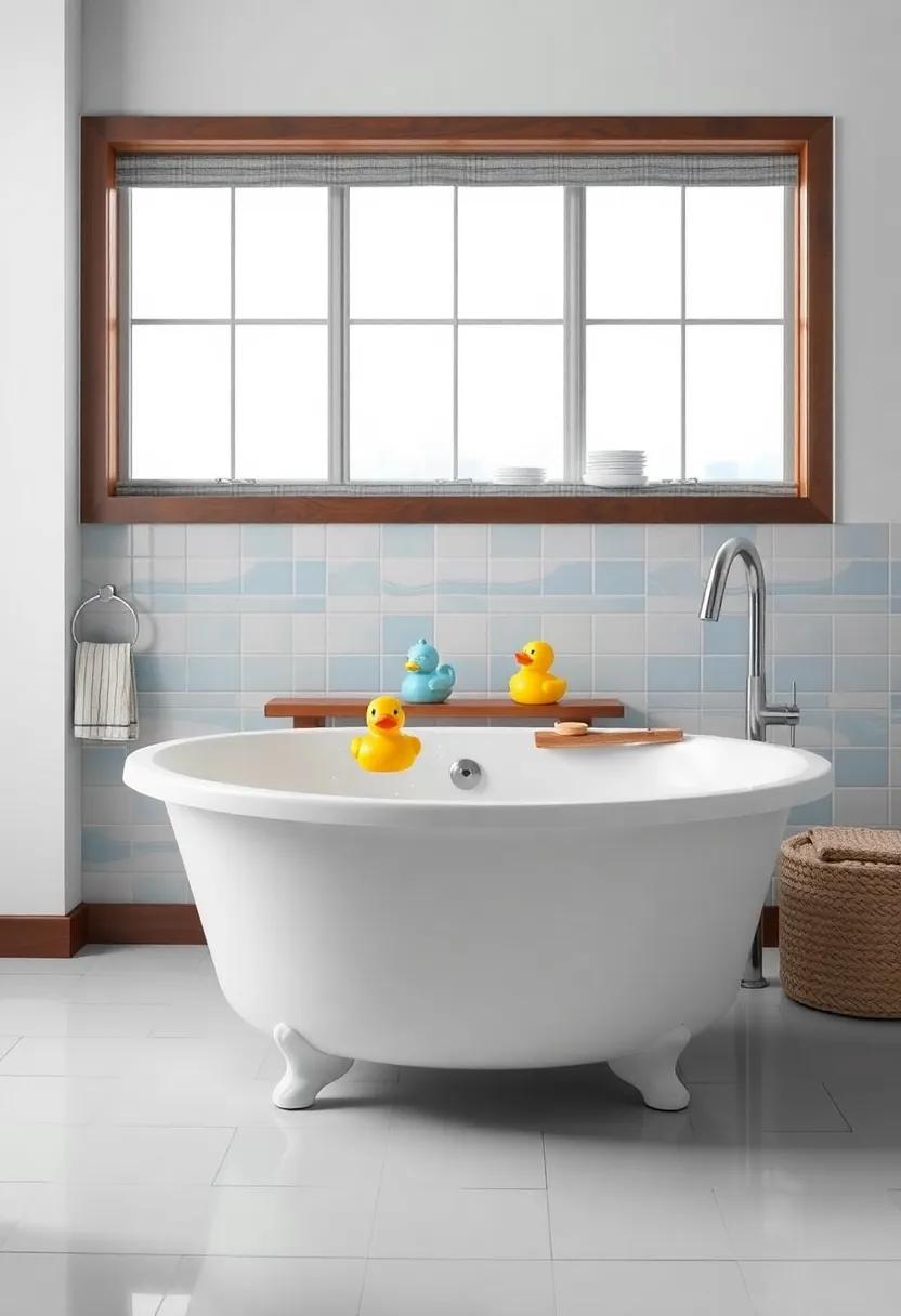 Bathing Boat with Ducks: Opt for a cute boat-themed bathtub, complete with little rubber ducks to keep bath time playful