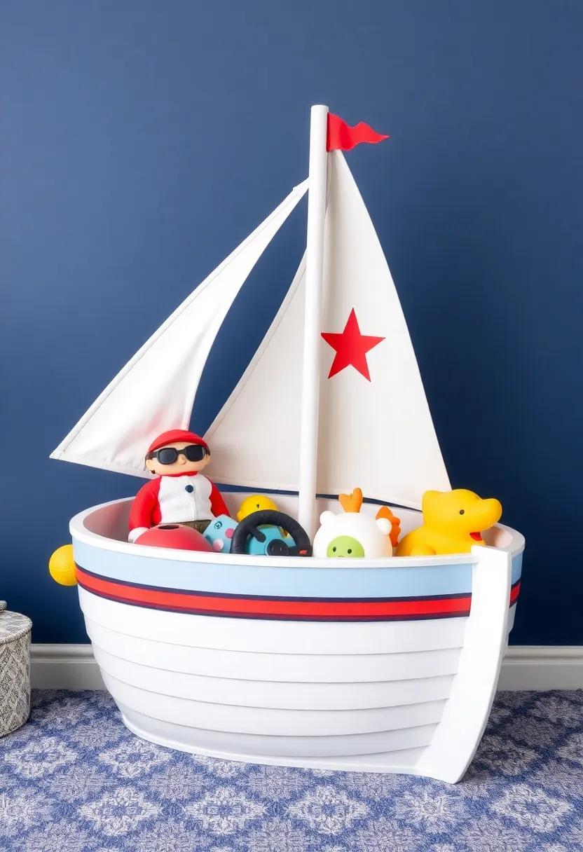 Boat-Shaped Toy Storage: Utilize a boat-shaped storage bin to keep toys organized, while adhering to the theme