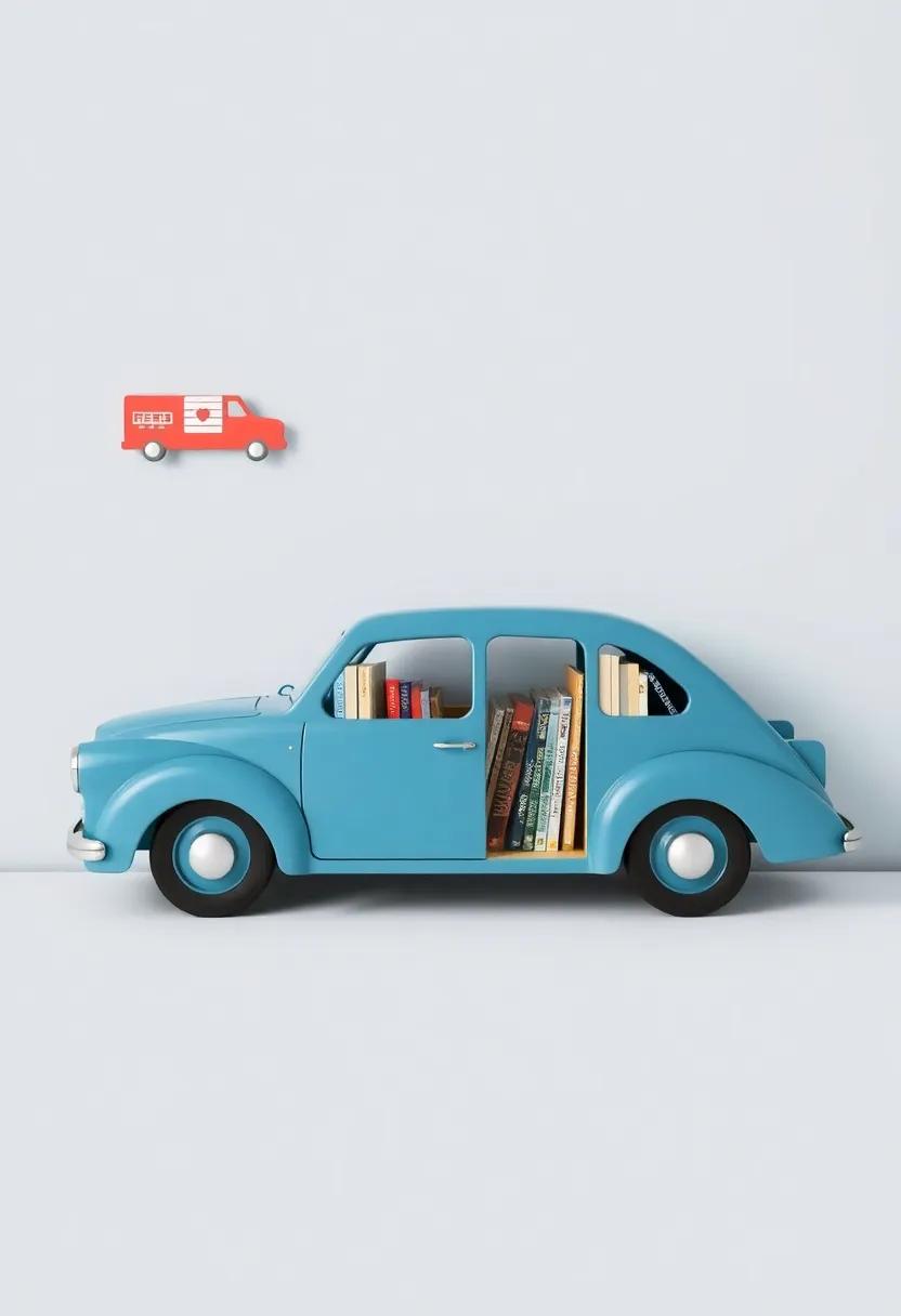 Car-Themed Bookshelf: Craft a bookshelf shaped like a vintage car to encourage a love for reading in style