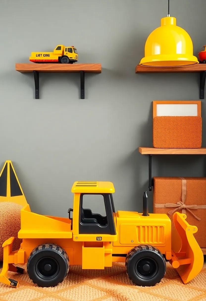 Construction Vehicle Decor: Layer in construction-themed elements like wall art or plush toys for boys who adore diggers and trucks