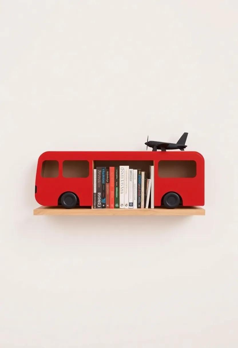 DIY Transportation Shelf: Build a floating shelf in the shape of a bus or plane to hold books and small toys attractively