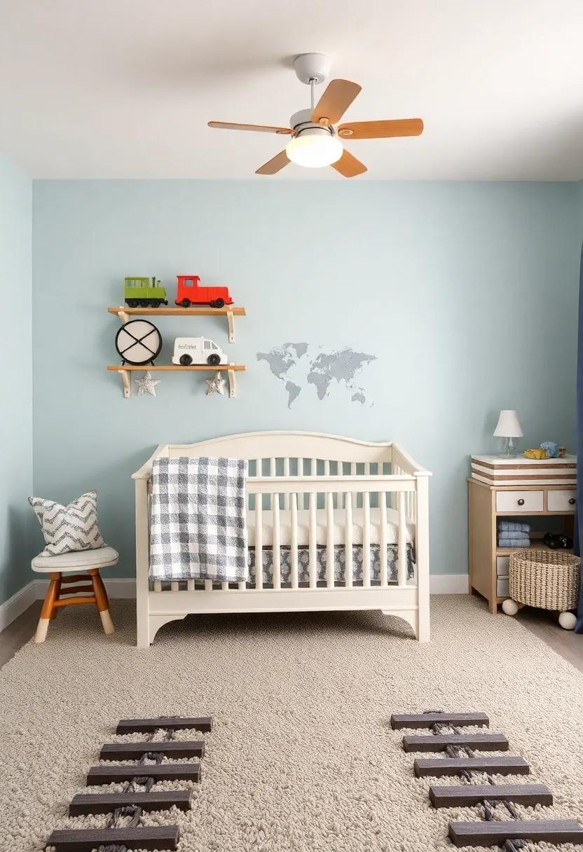 Railroad Track Borders: Add a charming border of railroad tracks around the nursery to create a cohesive transportation motif