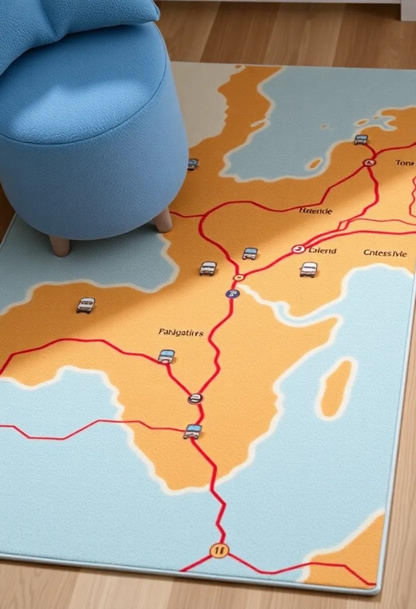 Road Map Area Rug: Choose a soft area rug featuring a colorful map design that invites imaginative road trips in the nursery