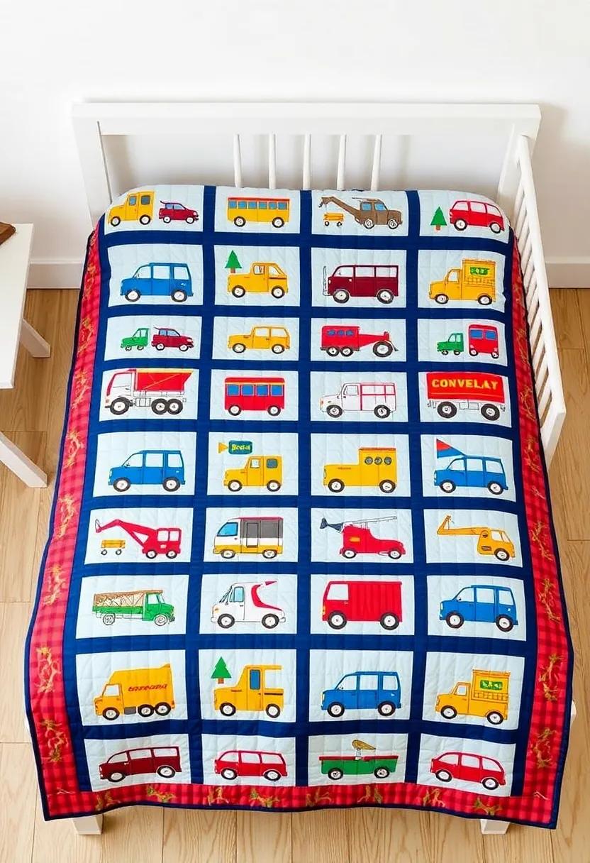 Transportation Quilt: Cover the bed with a quilt that showcases an array of different vehicles, creating a warm, inviting feel