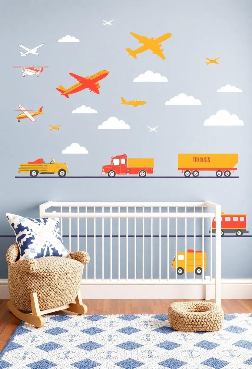 Wall Decals of Modes of Transport: Use removable decals of cars, planes, trucks, and trains for easy decor updates as your child grows