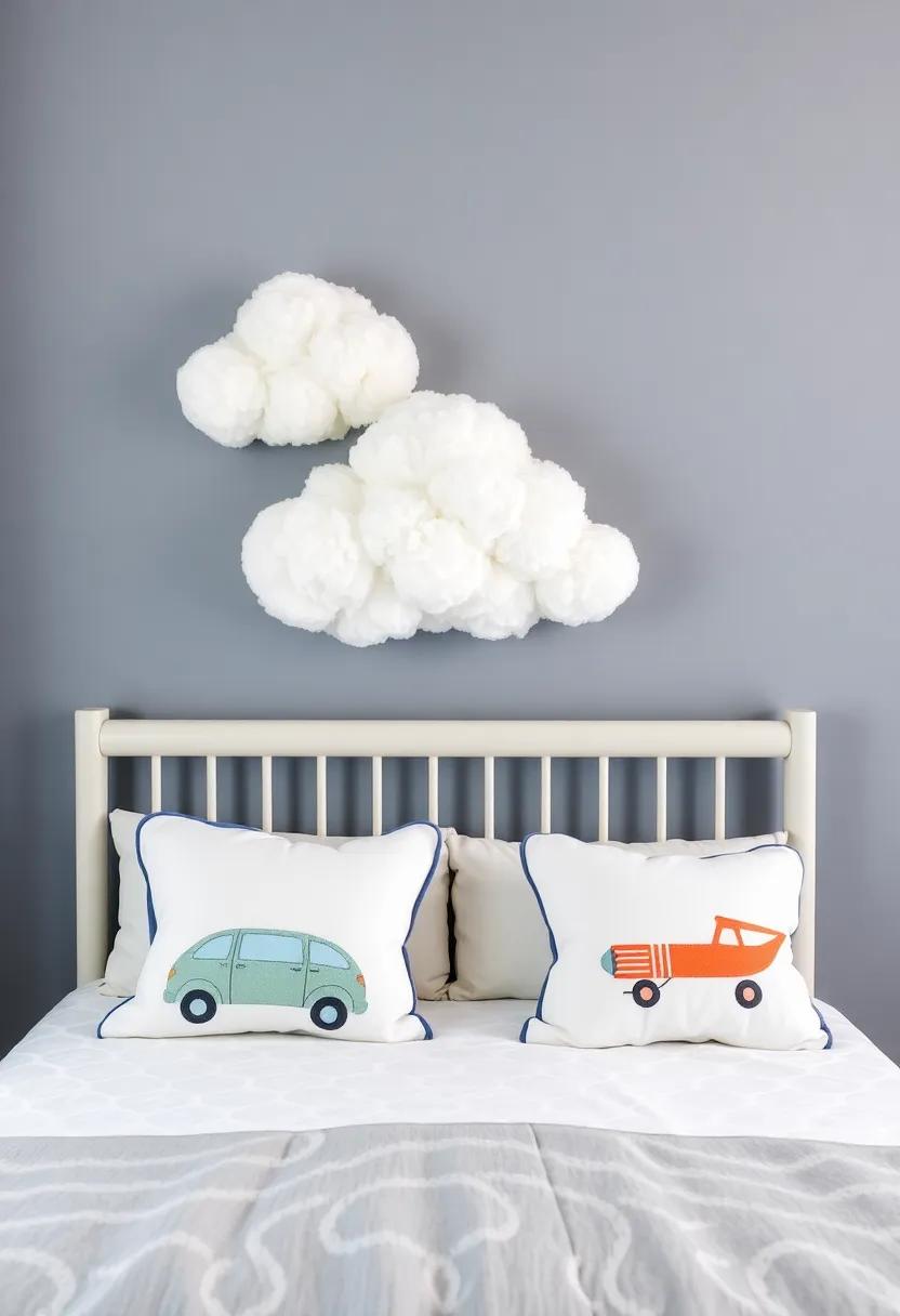 Whimsical Cloud Accents: Use soft, fluffy cloud throw pillows to balance the hard lines of transportation decor with a touch of softness