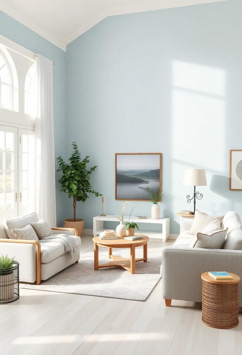 Embracing Serenity: The Charm of a Farmhouse Living Room with Pale Blue Walls