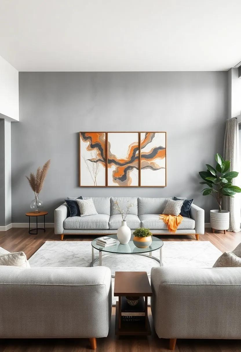 Transforming Spaces: The Elegance of a Gray Living Room Adorned with Modern Art