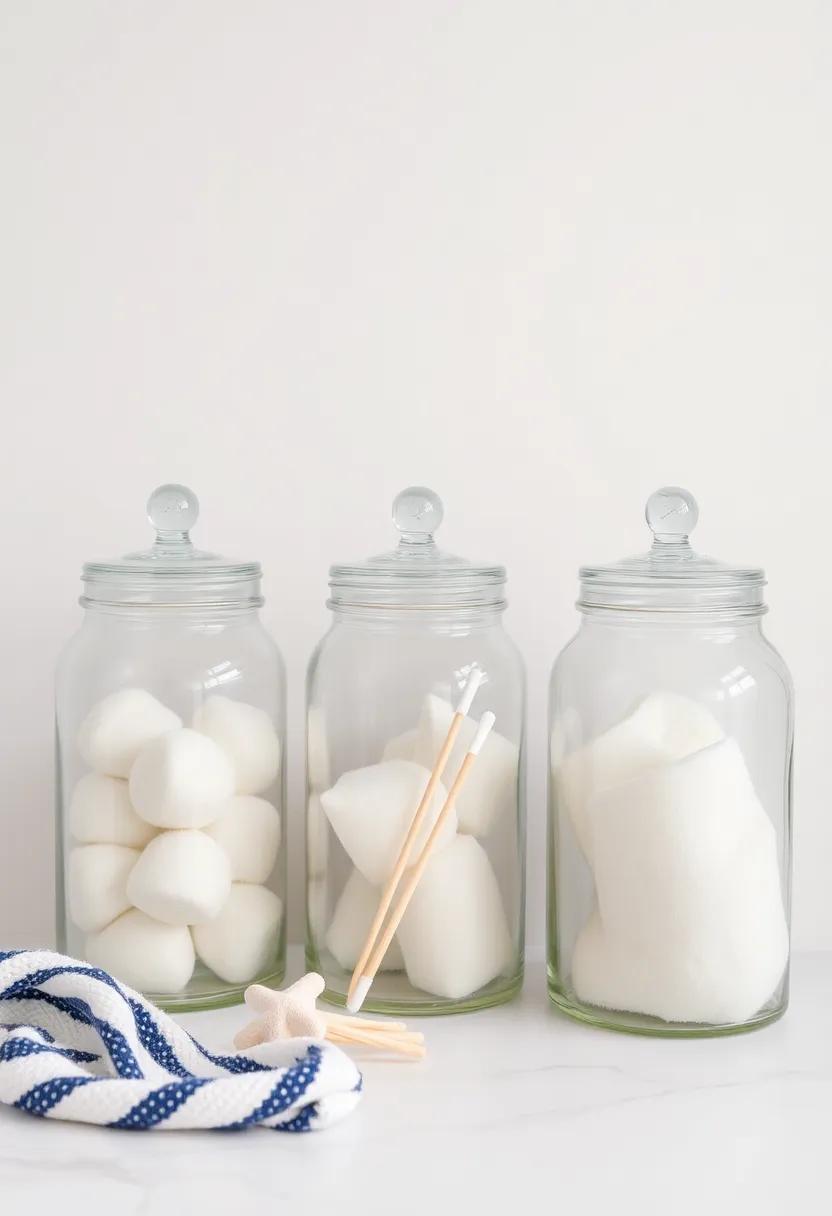 Glass Jars for ‌Storage: Use clear glass ​jars to store cotton balls, swabs, and other bathroom essentials, giving a clean and organized nautical look