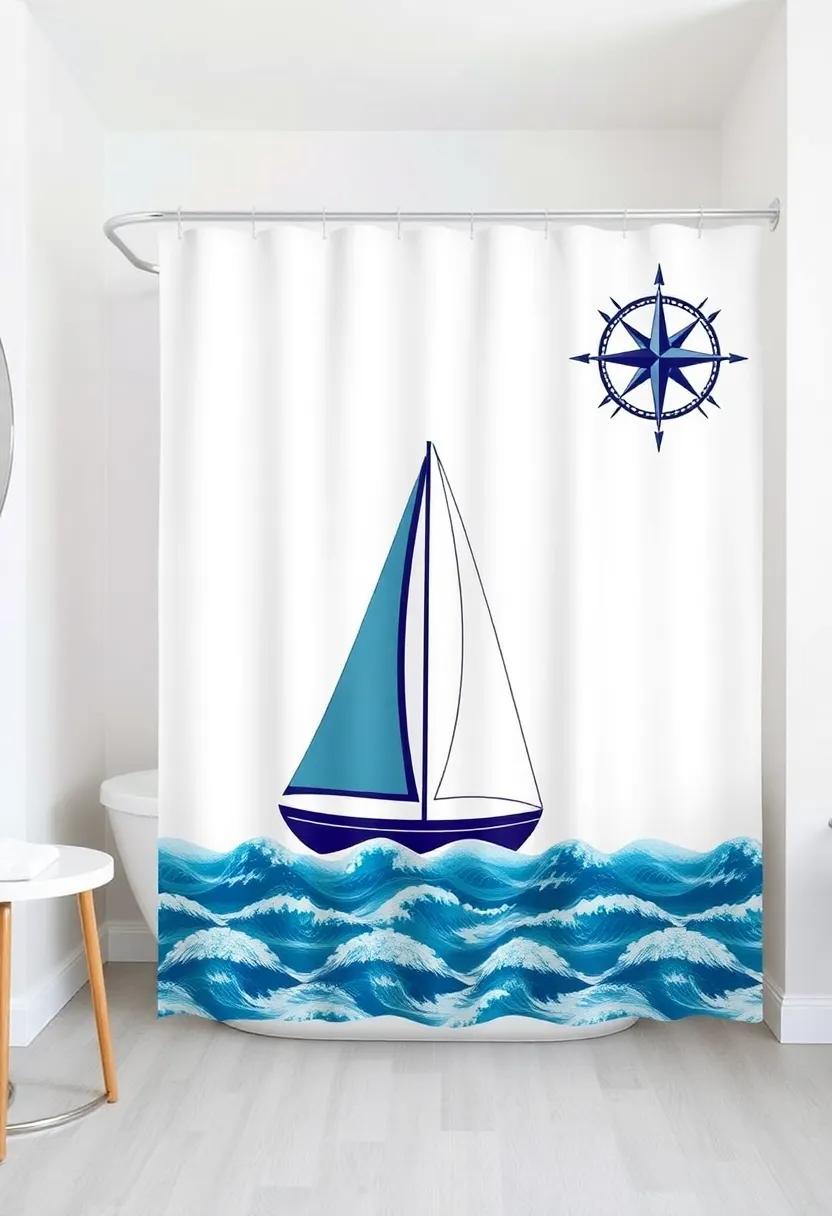 Nautically Inspired shower curtain: Choose a shower curtain showcasing a big sailboat, compass, or ocean waves ⁣to set the tone of your bathroom