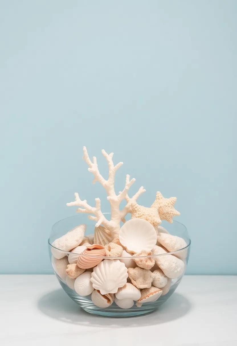 Shell and Coral Centerpiece: Create a‍ centerpiece for your⁢ bathroom countertop with a collection of shells and coral arranged in a glass ⁤bowl
