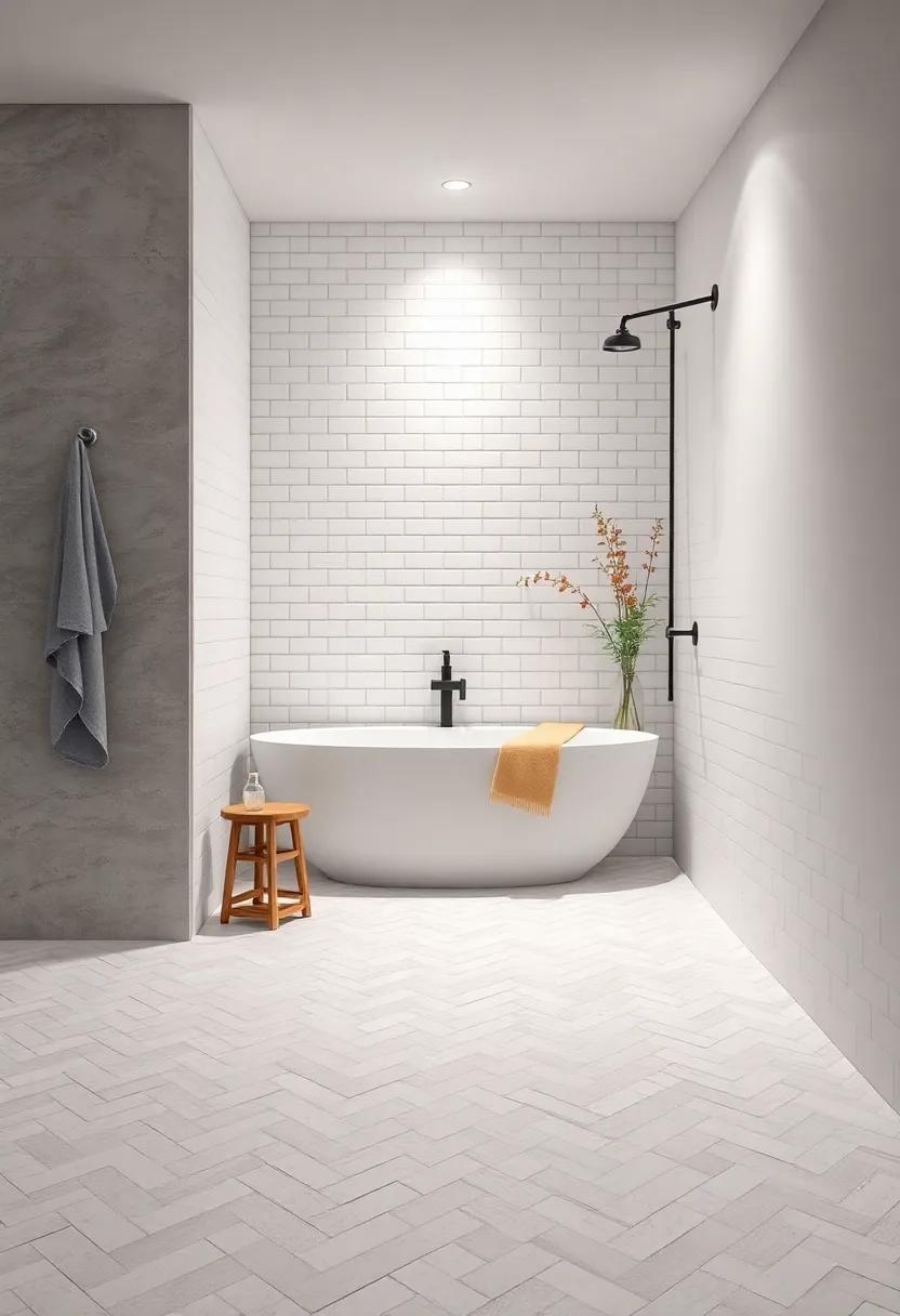Sleek Subway Tiles:‌ Elevate‌ your shower floor with​ classic ‍white subway tiles arranged in⁣ a herringbone pattern​ for a timeless and chic ⁣look