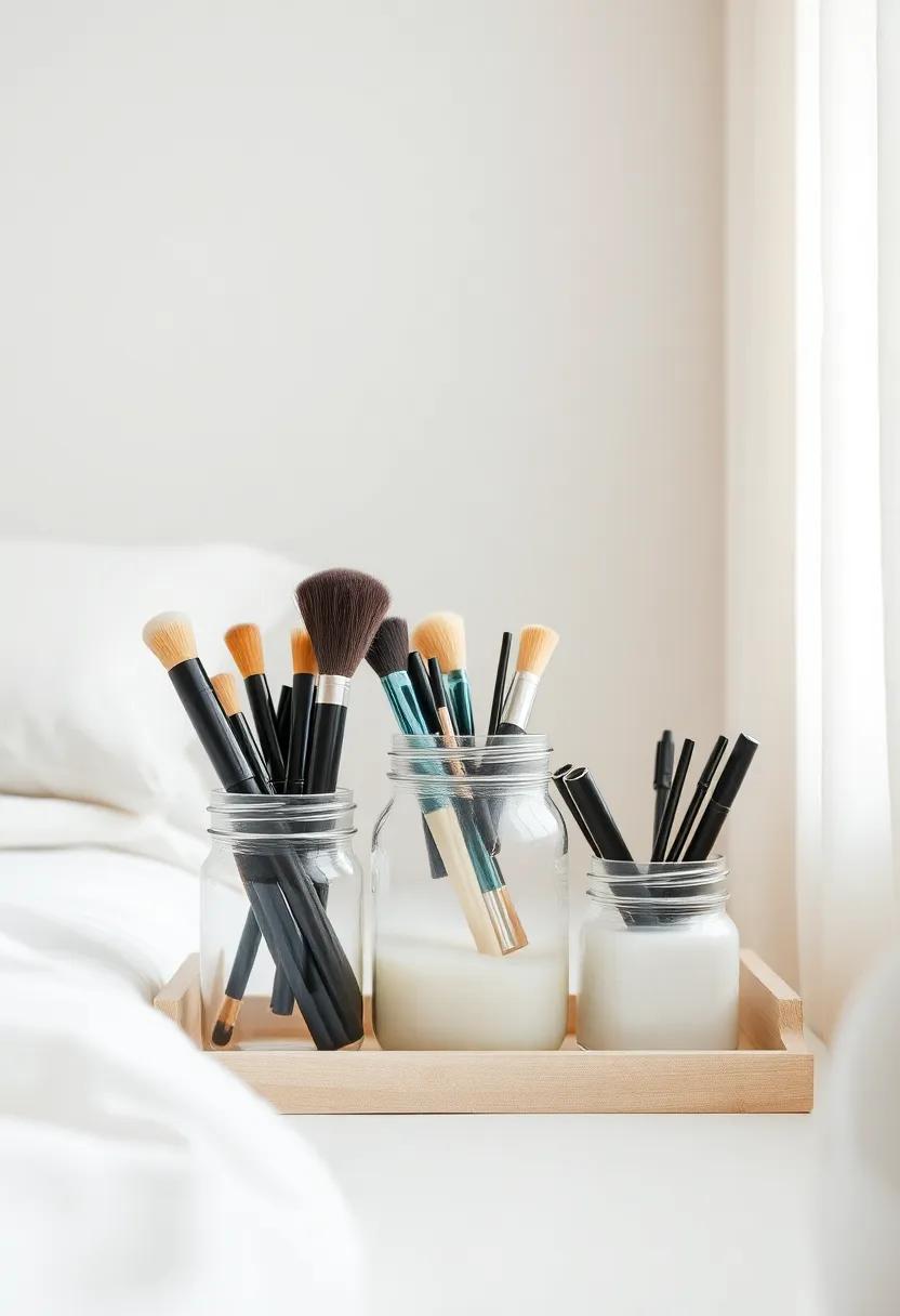 DIY Mason Jar Storage: recycle mason jars to create rustic storage for brushes, eyeliners, and other small items. Customize them with paint or‌ embellishments to fit your bedroom theme