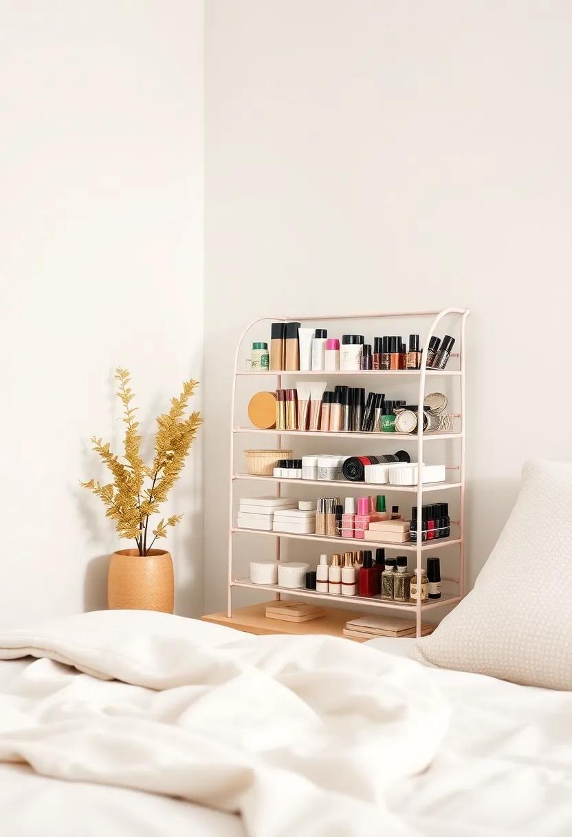 Repurposed Spice​ Rack: Turn an old spice rack into a chic makeup organizer.With multiple levels and compartments, it’s perfect for storing various beauty products while adding a dash of vintage charm to your decor