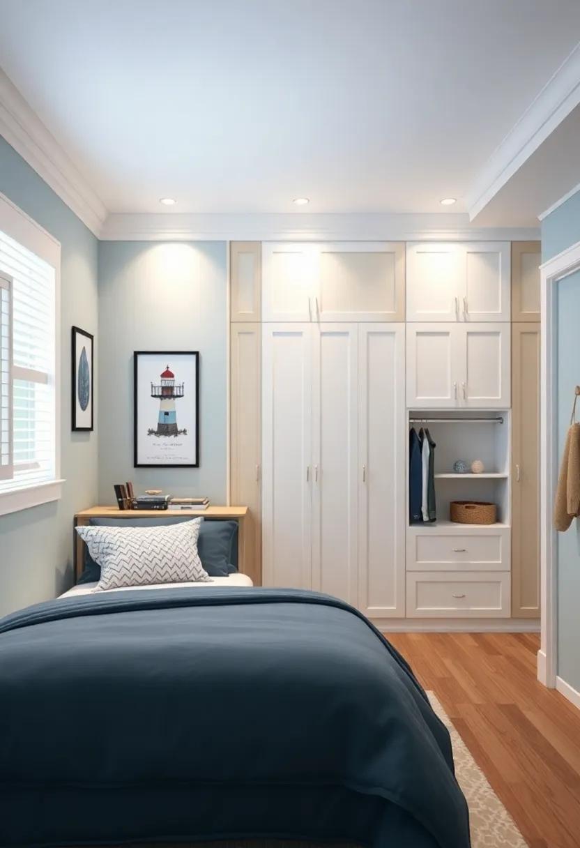 Bring the charm of a lighthouse into a coastal-themed room with a built-in closet that mirrors the structured ⁢elegance of a coastal retreat