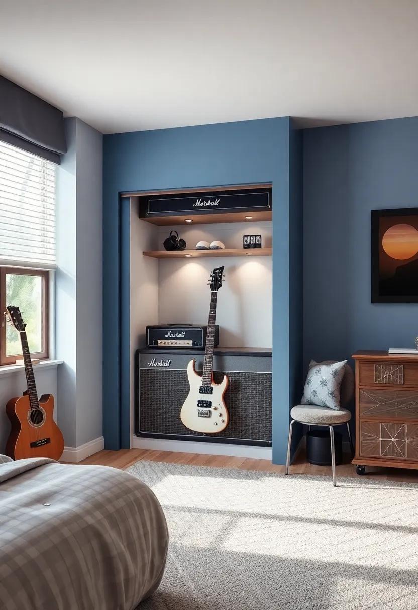 Celebrate music with‌ a band-inspired room featuring a built-in closet designed as a guitar amplifier, perfect for the budding musician