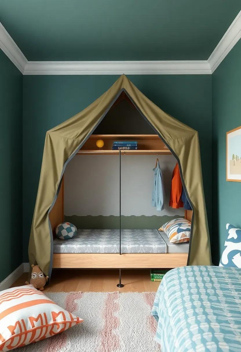 Celebrate the outdoors with a camping-themed room, highlighted by a closet that resembles a​ classic​ tent, adding‍ a touch of adventure