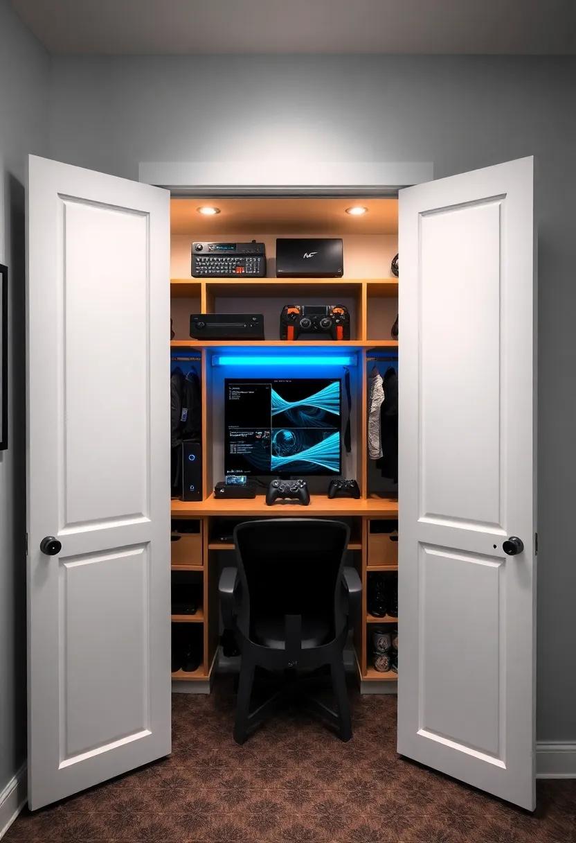 combine gaming and organization ‍in a tech-savvy room featuring a closet that incorporates LED lighting and display ⁤compartments for ⁤gaming gear