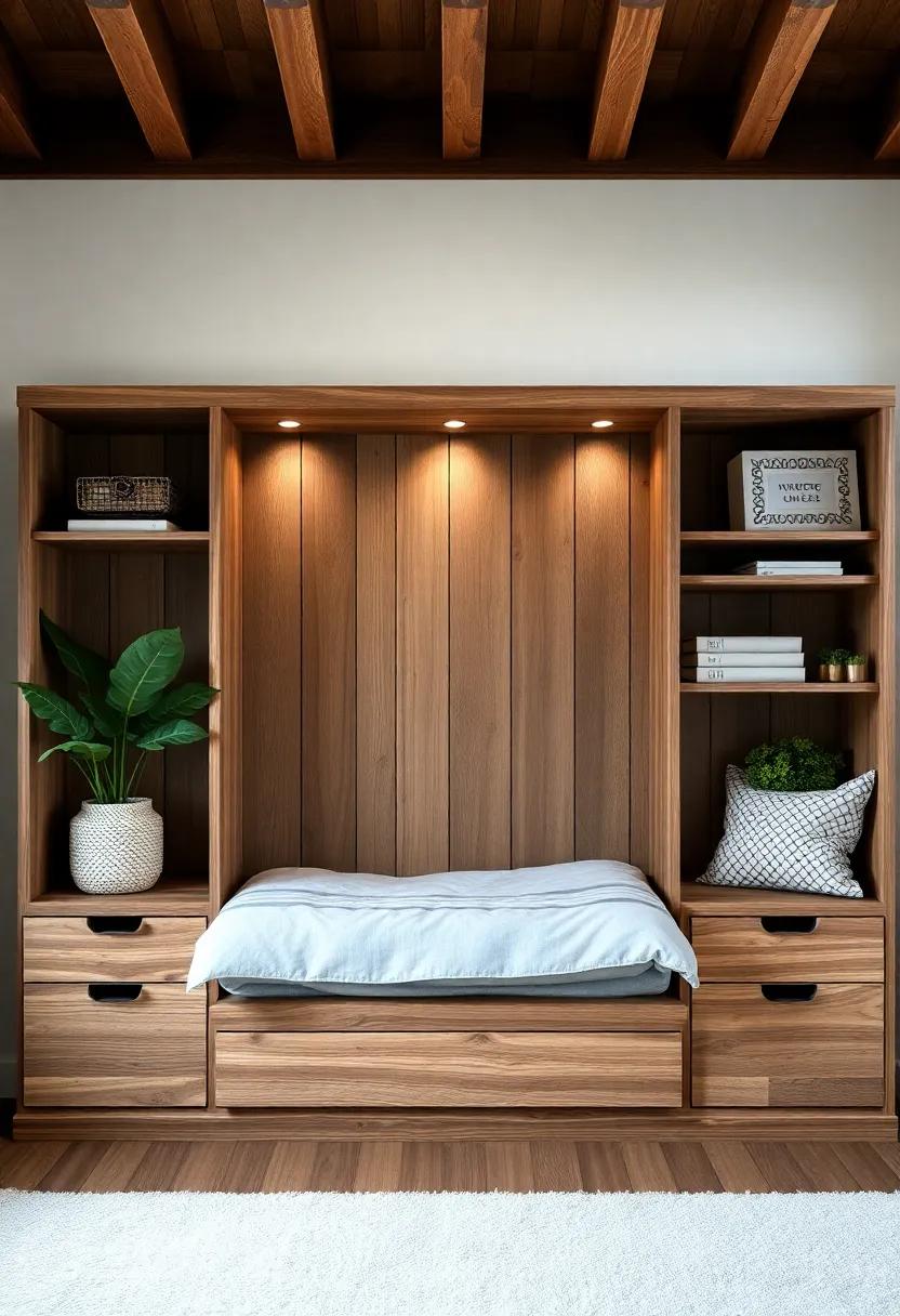 Create a serene nature-themed room with a built-in closet made from reclaimed wood, enhancing the earthy vibe and promoting sustainability