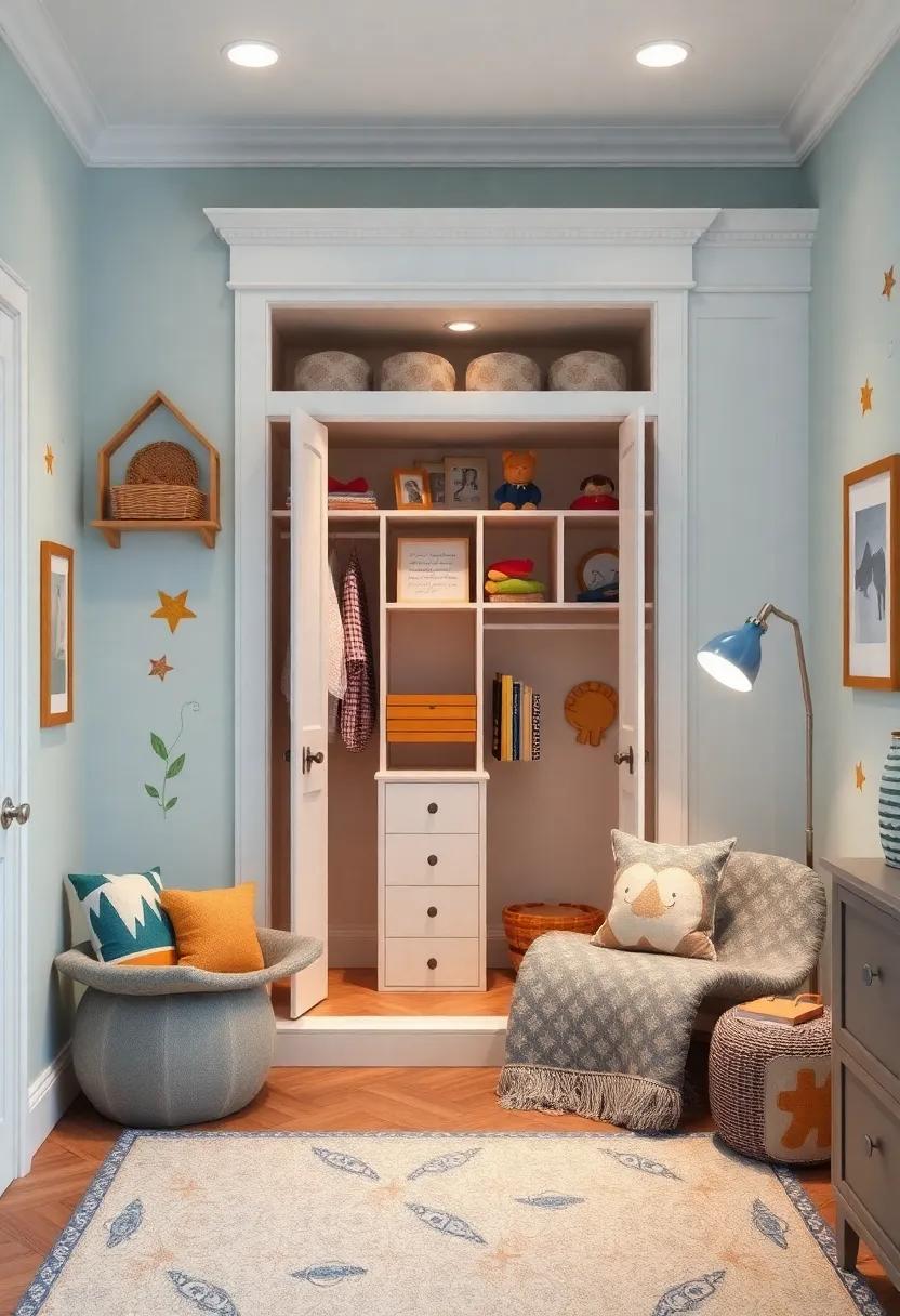Curate a classic storybook ambience with a whimsical built-in closet⁣ that complements colorful wall decals and a plush reading⁤ nook