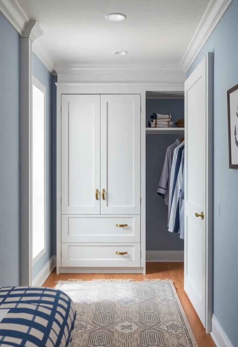 Discover the charm of a nautical-themed room with a built-in ​closet designed to resemble a ship's cabin, offering ‍both style ‍and functionality