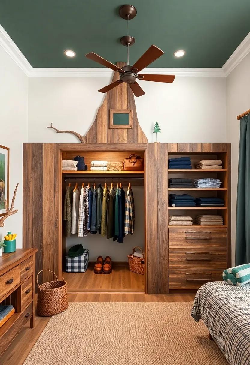 Embrace the adventure spirit with a rustic treehouse-inspired closet that blends seamlessly into an earthy color scheme, creating a cozy ​retreat