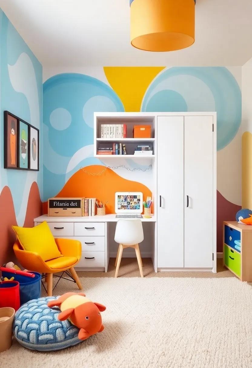 Let creativity flow with a vibrant mural backdrop‌ for a modern playroom, featuring an innovative closet that doubles as an art station