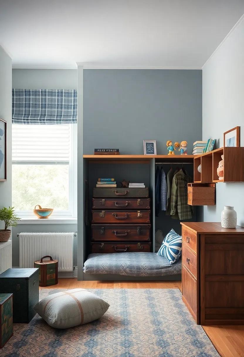 Themed around‌ travel,this cozy ‌boy's room features a closet resembling vintage suitcases,sparking wanderlust and imagination