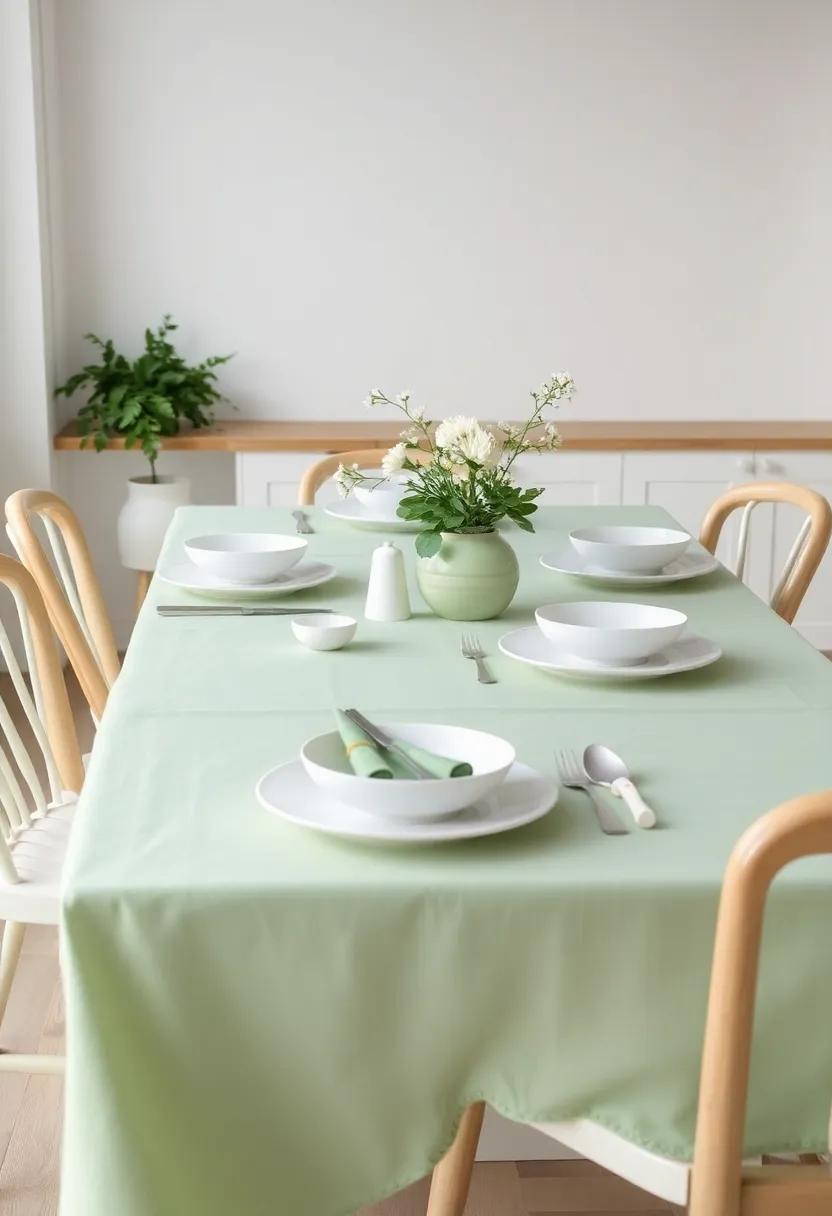 Soft Seafoam Serenity: Embrace the calm⁤ of ⁢ocean waves with soft green⁢ table⁤ linens paired with crisp white dishes,‌ creating a peaceful dining atmosphere
