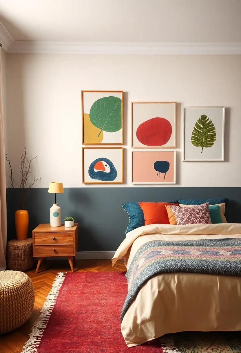 Artful Color Blocked Wall: Experiment with color blocking by painting sections of your wall and​ filling those areas with different artworks that pop