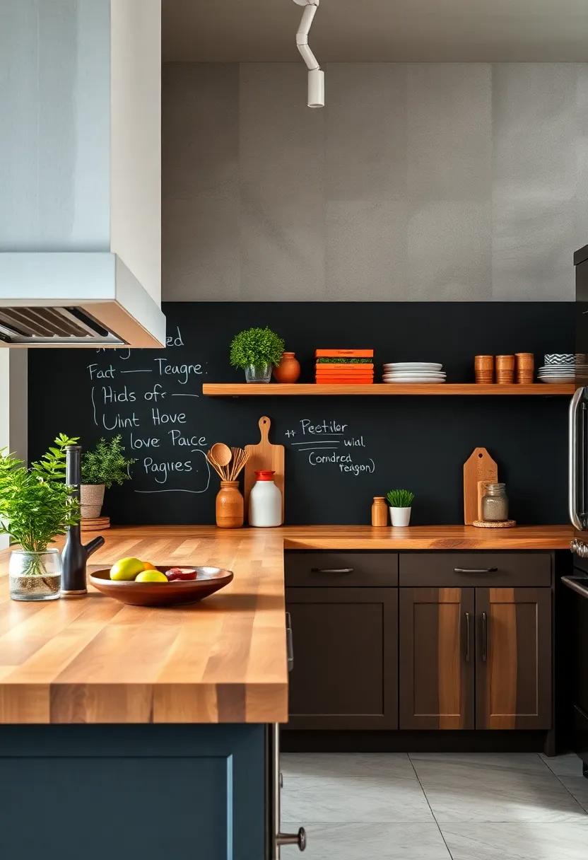 Incorporate a chalkboard wall: Use a chalkboard wall near your butcher block countertop for jotting down ​recipes,shopping lists,or inspirational messages